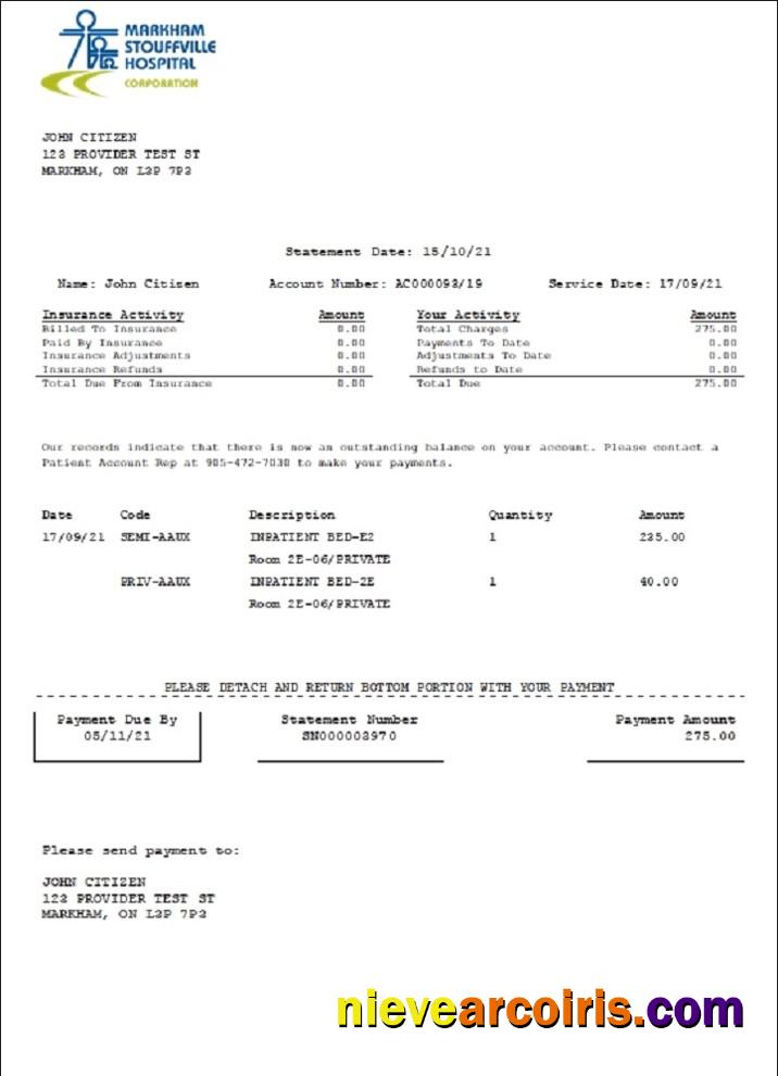 Canada Markham Stouffville Hospital medical insurance statement